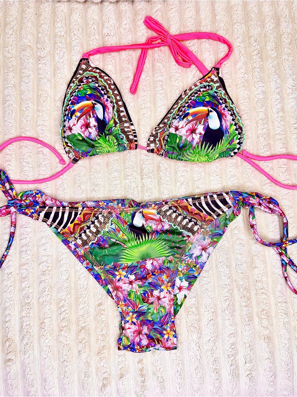 Hand Beaded Toucan Tropical Bikini Set Floral Pink Tie Side Padded Swim - Small